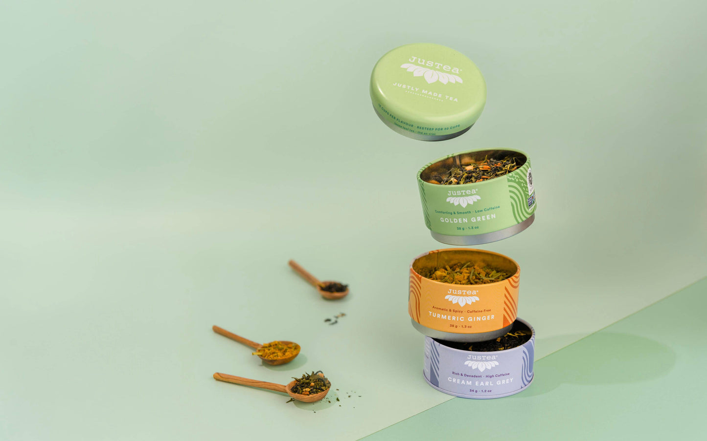 JusTea: Assorted Trio Tin & Spoon - Organic Black, Green, Herbal Tea