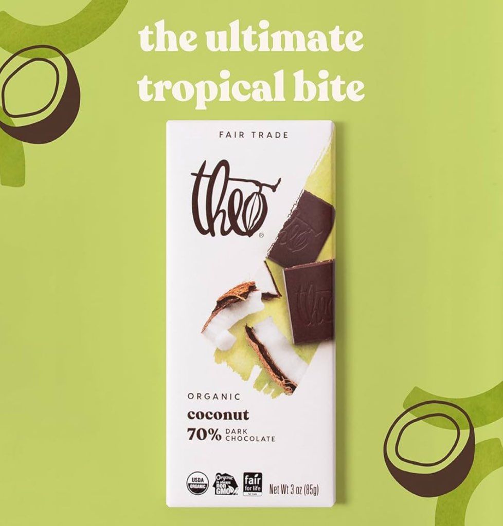 Theo Chocolate Organic Bar - Dark Chocolate - 70 %Cacao -Coconut -3 Oz