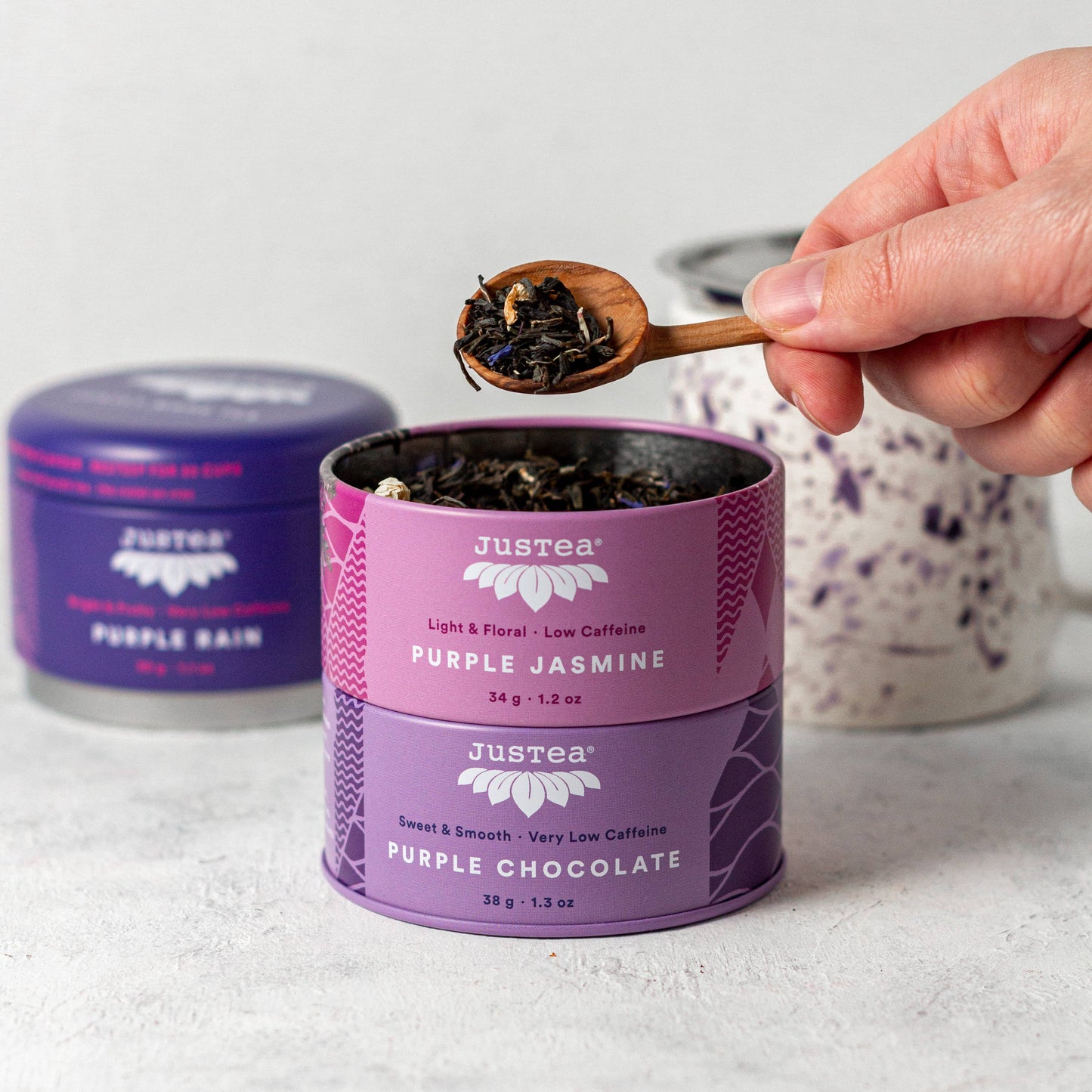 JusTea: Purple Tea Trio Tin & Spoon - Organic, Fair-Trade Tea Gift
