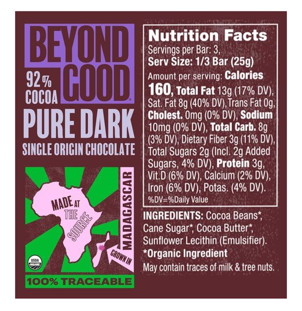 Beyond Good 92% Cocoa Pure Dark Chocolate Bar Grown In Madagascar- 2.64 oz