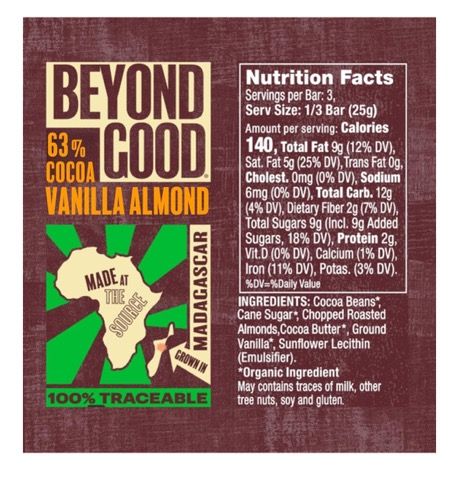 Beyond Good 60% Cocoa Vanilla Almond Chocolate Bar Grown In Madagascar-2.64oz