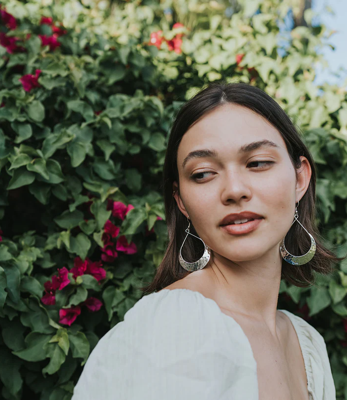 Matr Boomie Fair Trade: Lunar Crescent Hammered Shiny Silver Hoop Earrings