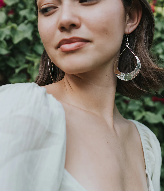 Matr Boomie Fair Trade: Lunar Crescent Hammered Shiny Silver Hoop Earrings