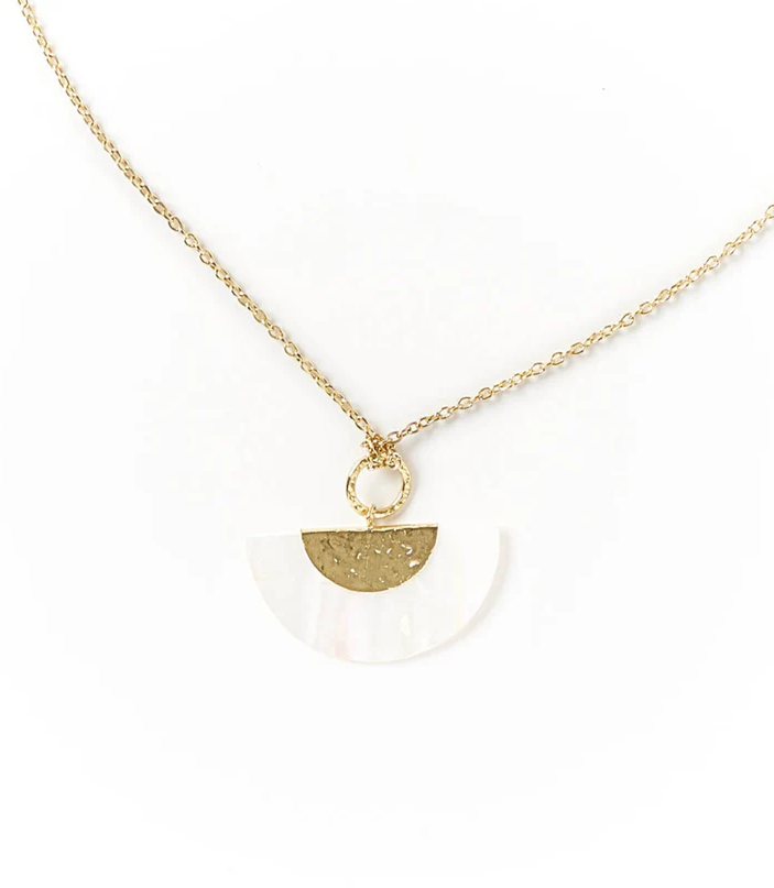 Matr Boomie Fair Trade: Sindhuja Fan Pendant Drop Necklace - Mother of Pearl, Brass