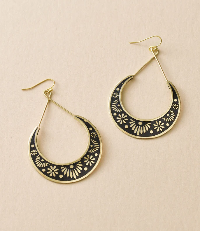 Matr Boomie Fair Trade: Nisha Crescent Moon Hoop Earrings - Gold, Black
