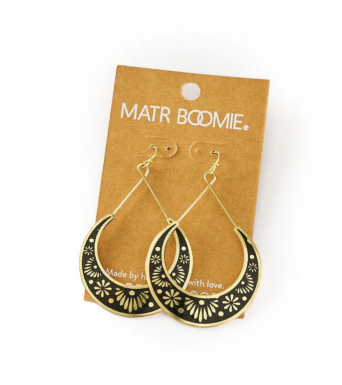 Matr Boomie Fair Trade: Nisha Crescent Moon Hoop Earrings - Gold, Black