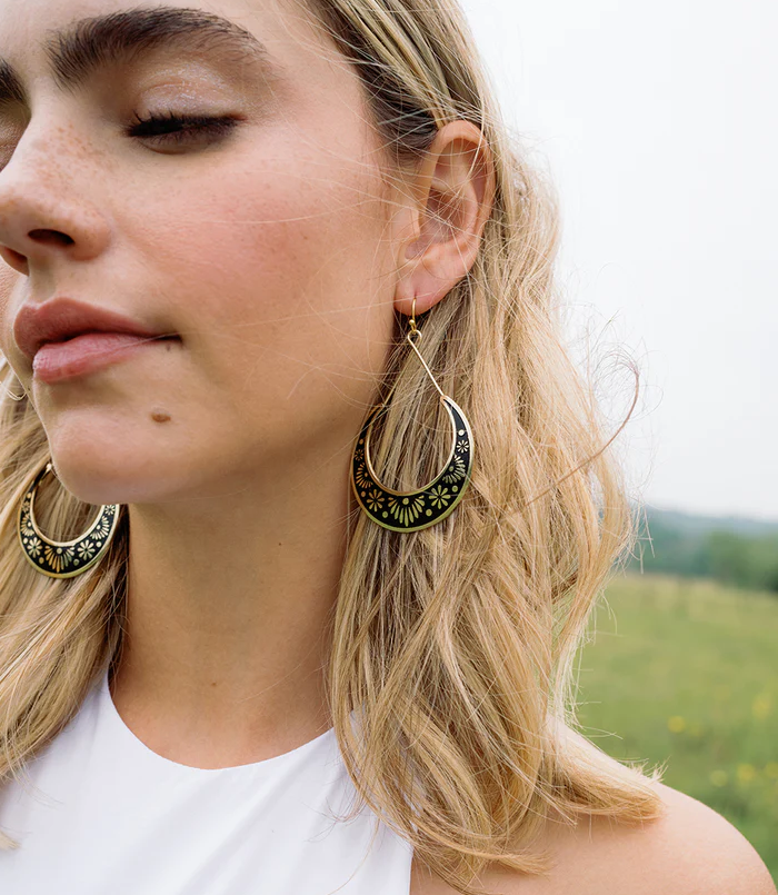 Matr Boomie Fair Trade: Nisha Crescent Moon Hoop Earrings - Gold, Black