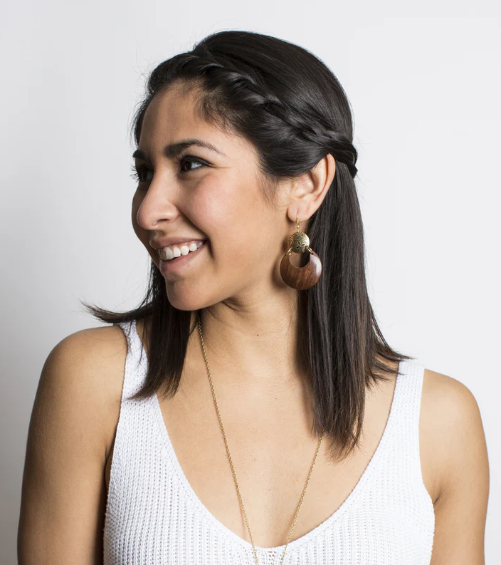 Matr Boomie Fair Trade: Earth and Fire Moon Drop Earrings - Wood, Etched Brass