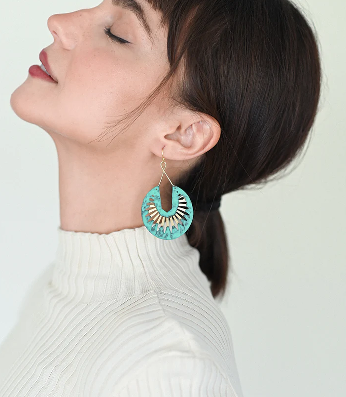 Matr Boomie Fair Trade: Nihira Teal Patina Dangling Hoop Earrings