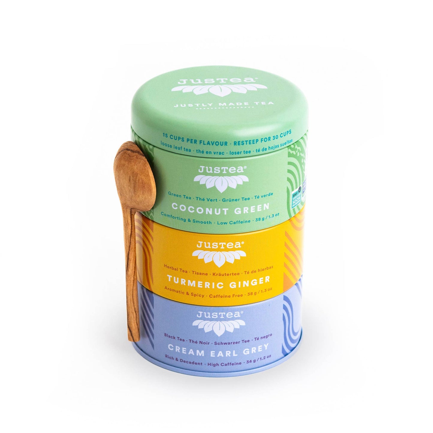 JusTea: Assorted Trio Tin & Spoon - Organic Black, Green, Herbal Tea