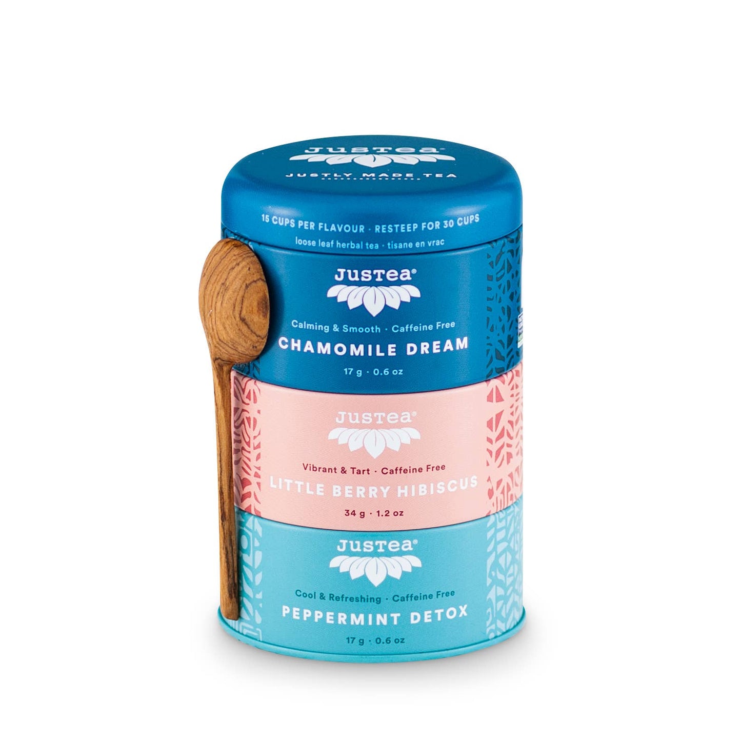 JusTea: Herbal Tea Trio Tin & Spoon - Organic, Fair-Trade Tea Gift