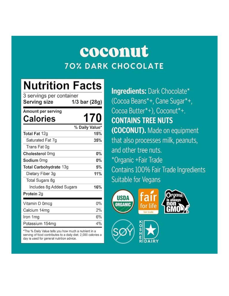 Theo Chocolate Organic Bar - Dark Chocolate - 70 %Cacao -Coconut -3 Oz
