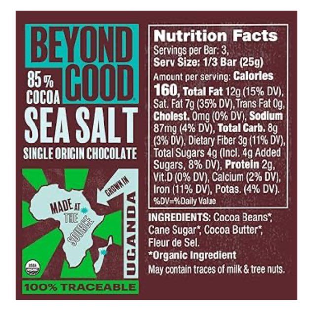 Beyond Good 85% Cocoa Chocolate Bar-Sea Salt- Grown In Uganda-2.64oz