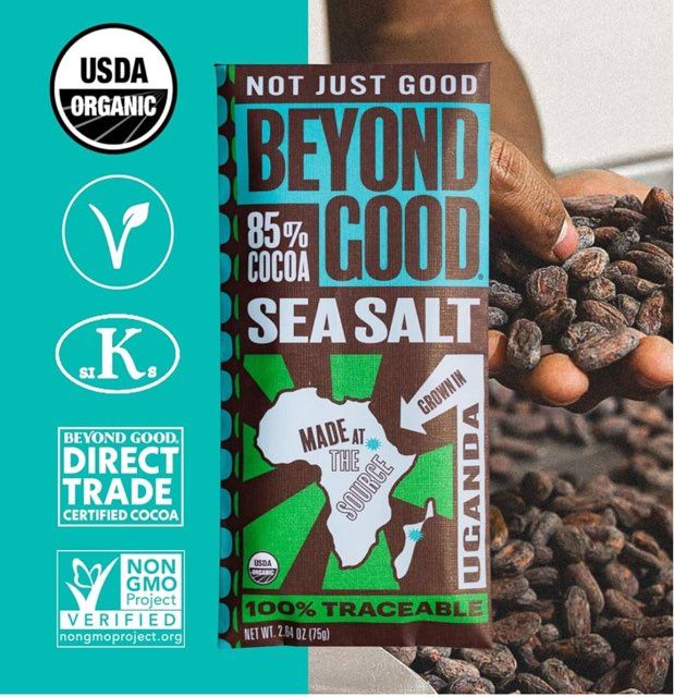 Beyond Good 85% Cocoa Chocolate Bar-Sea Salt- Grown In Uganda-2.64oz