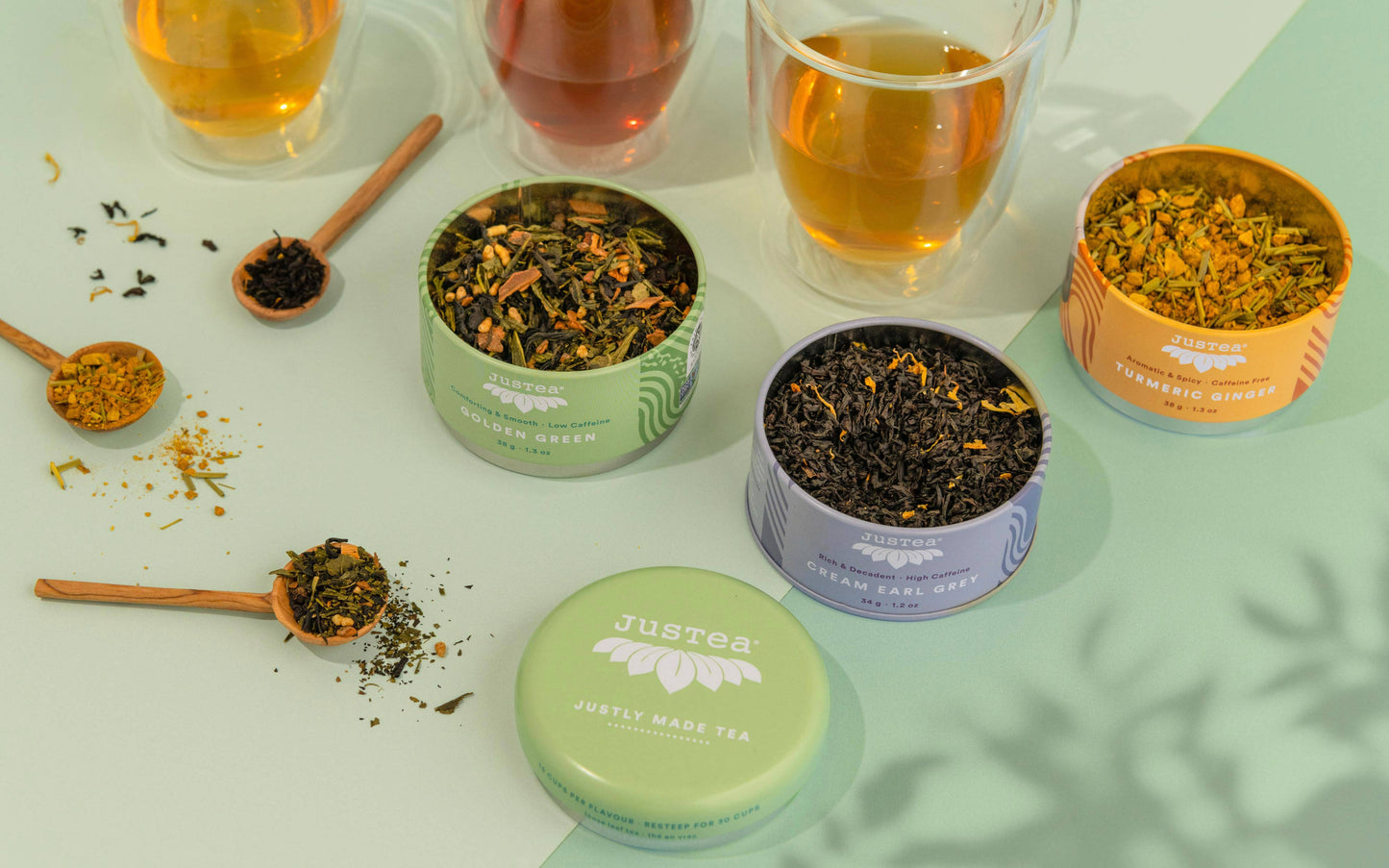 JusTea: Assorted Trio Tin & Spoon - Organic Black, Green, Herbal Tea