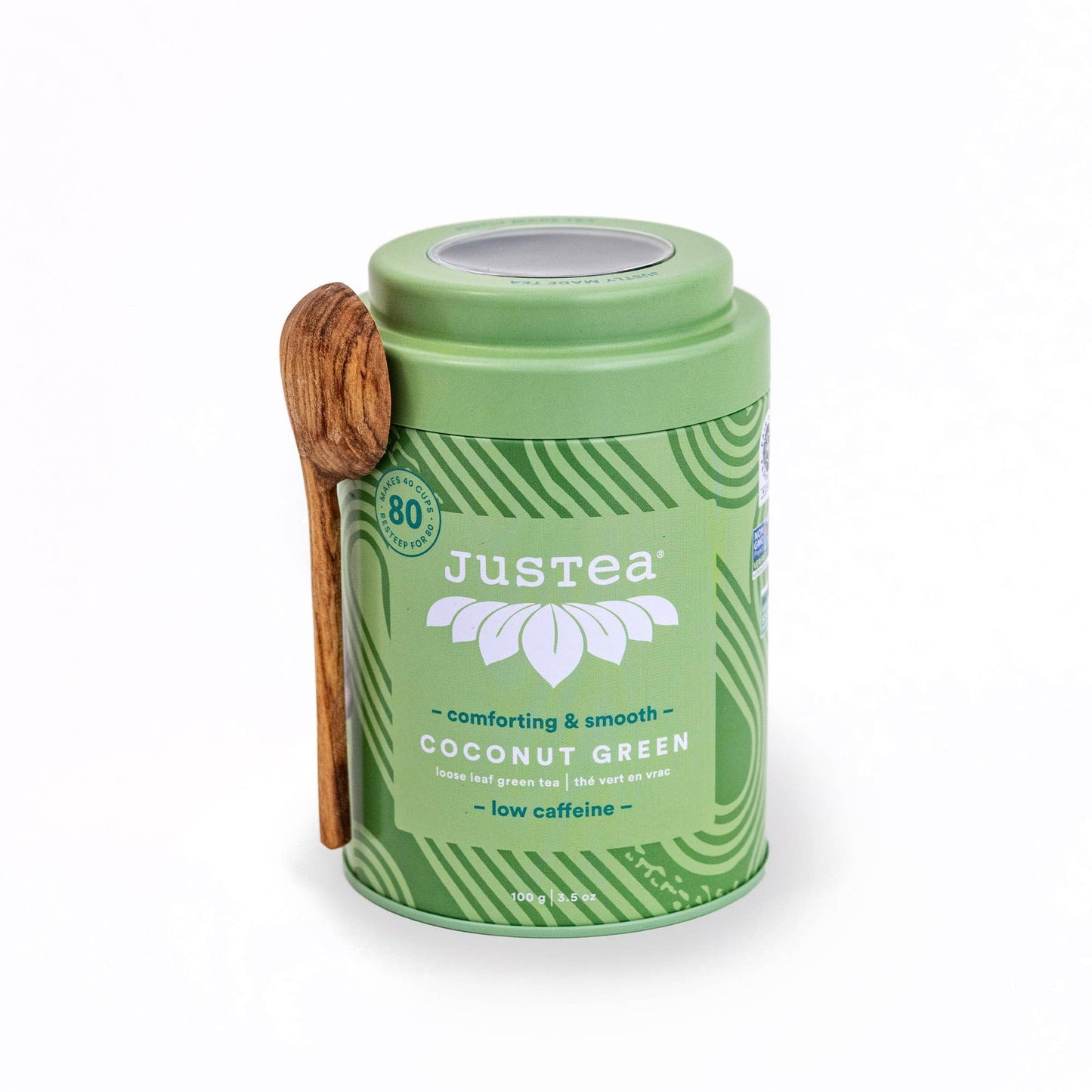 JusTea: Coconut Green Tin & Spoon - Organic, Fair-Trade, Green Tea
