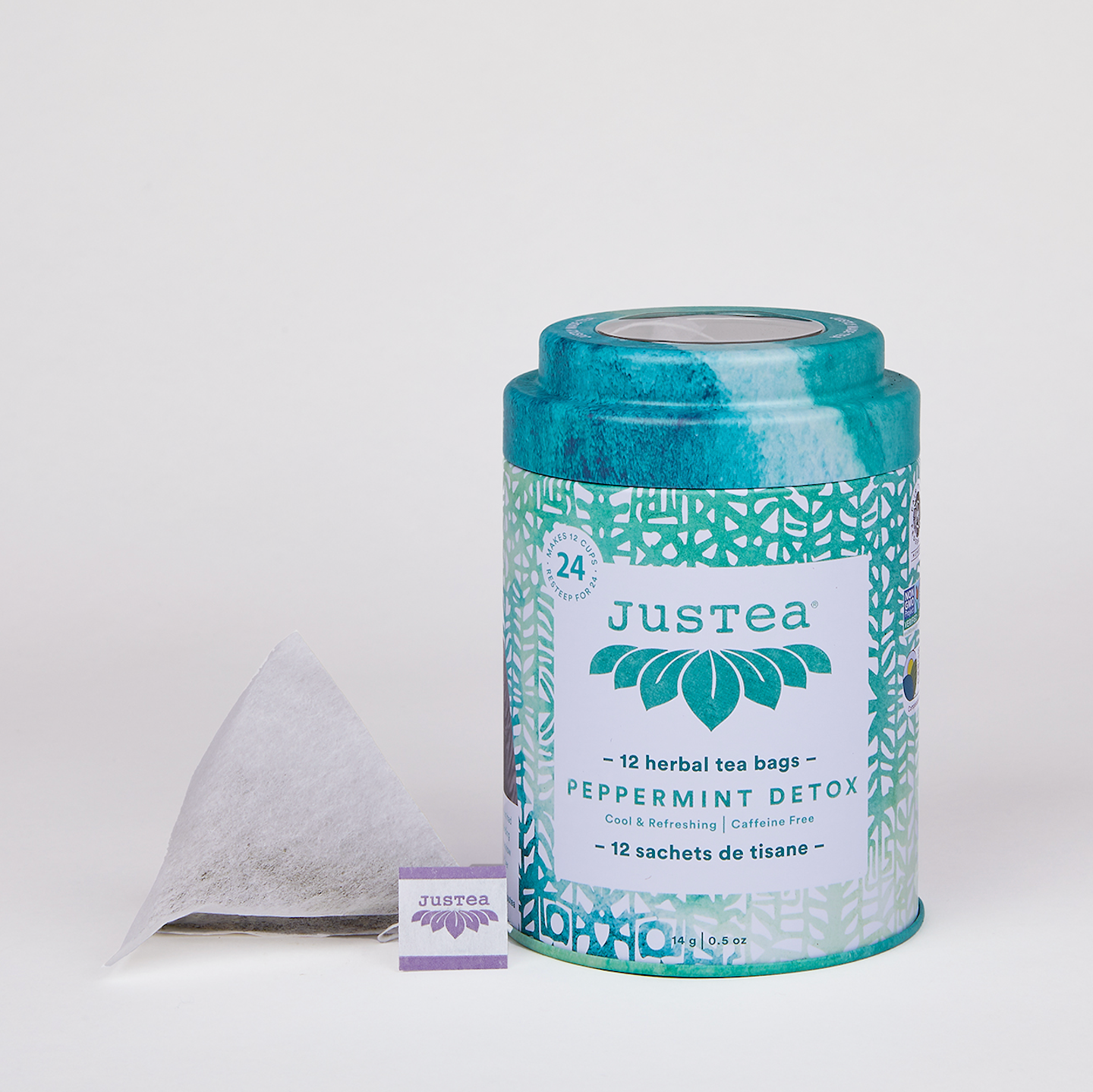 JusTea: Peppermint Detox Tea Bag Tin - Organic Fair-Trade Herbal Tea
