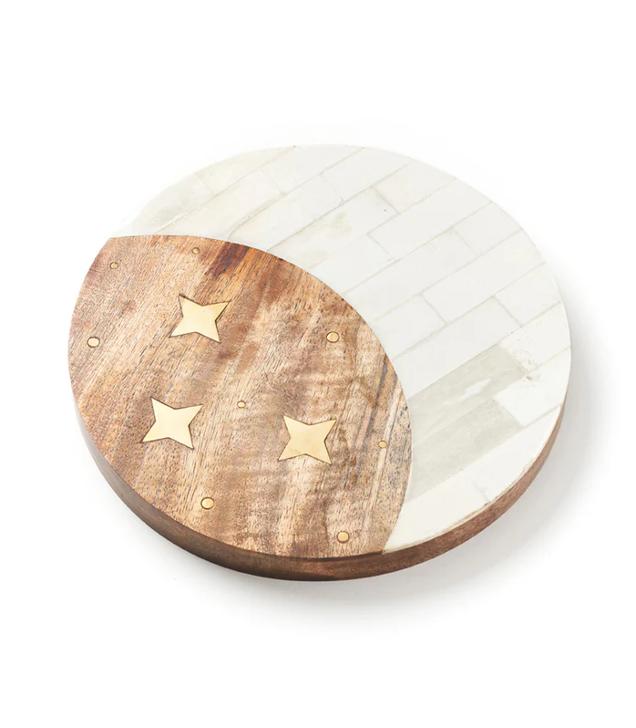 Matr Boomie Fair Trade: Nakshatra Moon Stars Cheese Board - Bone, Wood, Brass