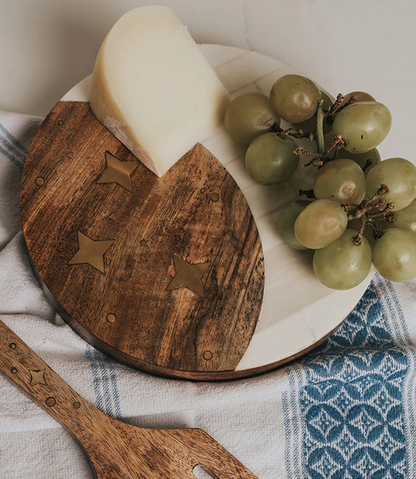 Matr Boomie Fair Trade: Nakshatra Moon Stars Cheese Board - Bone, Wood, Brass