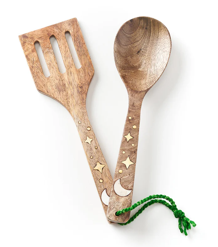 Matr Boomie Fair Trade: Nakshatra Moon Stars Serving Utensils Set - Carved Wood, Bone