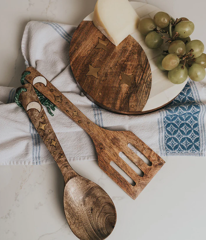 Matr Boomie Fair Trade: Nakshatra Moon Stars Serving Utensils Set - Carved Wood, Bone