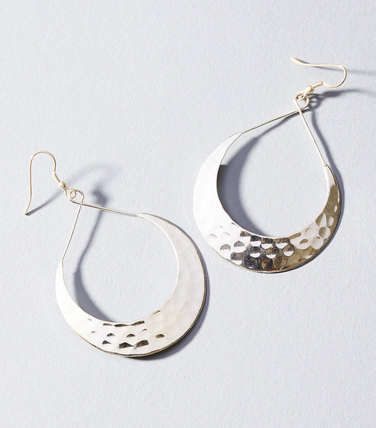 Matr Boomie Fair Trade: Lunar Crescent Hammered Shiny Silver Hoop Earrings