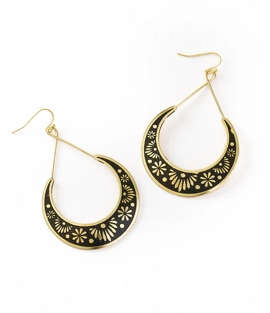 Matr Boomie Fair Trade: Nisha Crescent Moon Hoop Earrings - Gold, Black