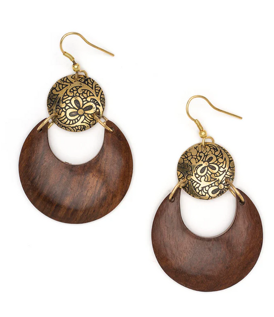 Matr Boomie Fair Trade: Earth and Fire Moon Drop Earrings - Wood, Etched Brass