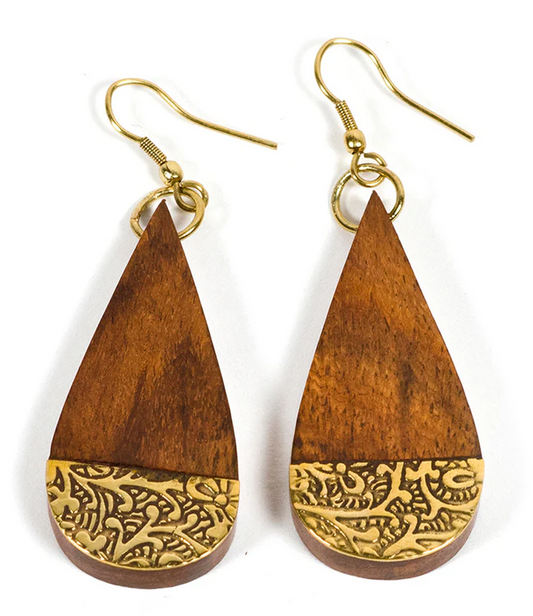 Matr Boomie Fair Trade: Earth and Fire Teardrop Earrings - Wood, Etched Brass