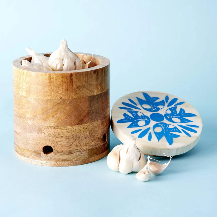 Matr Boomie Fair Trade: Ankura Blue Dove Garlic Keeper - Handmade, Mango Wood, Bone