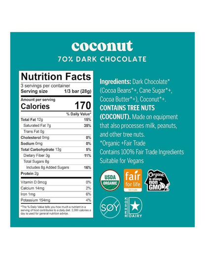 Theo Chocolate Organic Bar - Dark Chocolate - 70 %Cacao -Coconut -3 Oz