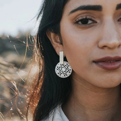 Matr Boomie Fair Trade: Charu Filigree Bone and Brass Bar Stud Drop Earrings